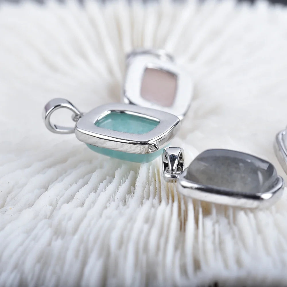 ITSMOS Natural Rainbow Moonstone Sterling Silver/Copper Pendant Necklace rectangle Energy Stone Jewelry for Women Girl Gift