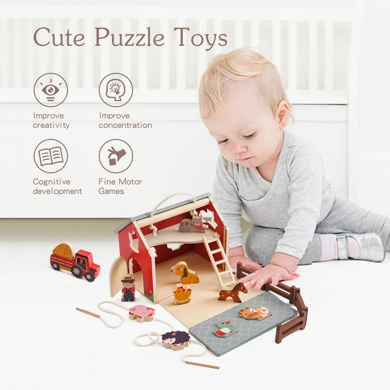 Children Montessori Wooden Toys Dinosaur Car Animal Park Barn Toy Wooden Stacking Game Kid Educational Toy Christmas Gift