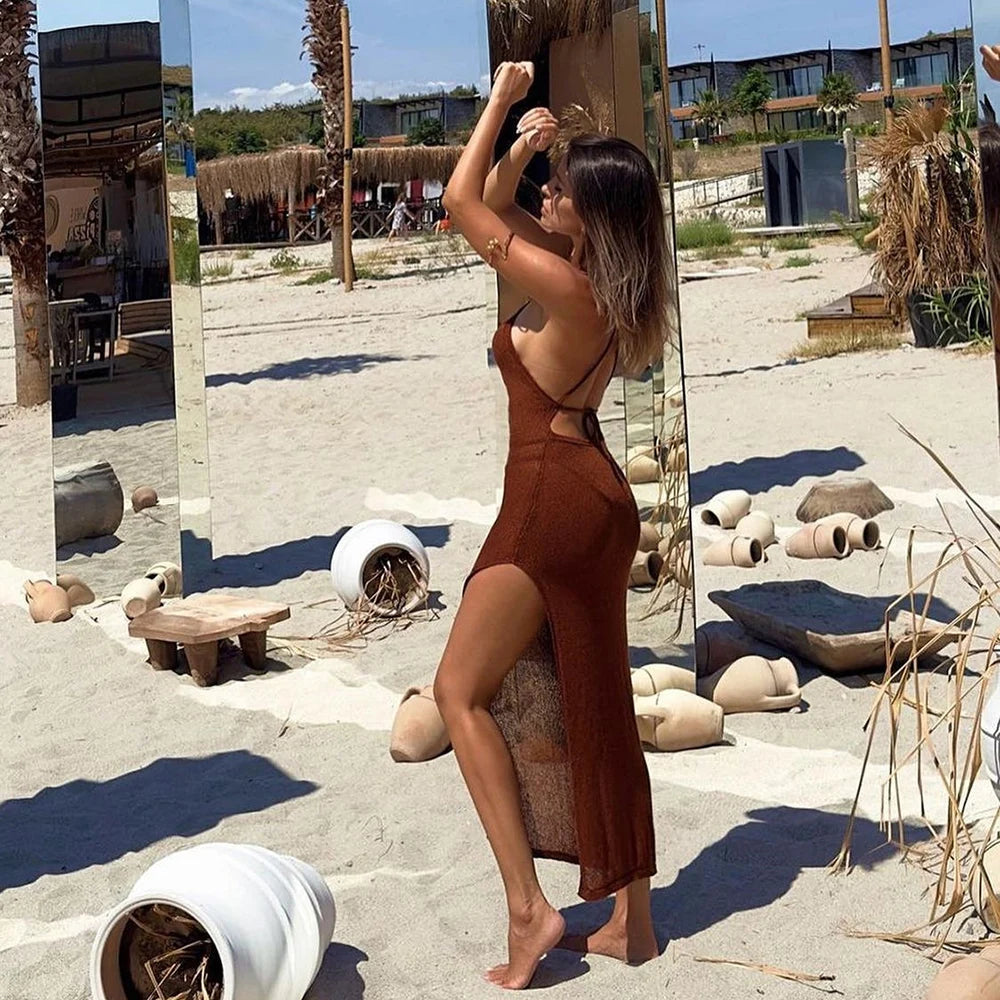 Para Praia Knitted Cover Up Beach Dress Sexy See Through Slit Bodycon Summer Dress Bikinis Cover-ups  Elegant Halter Beachdress