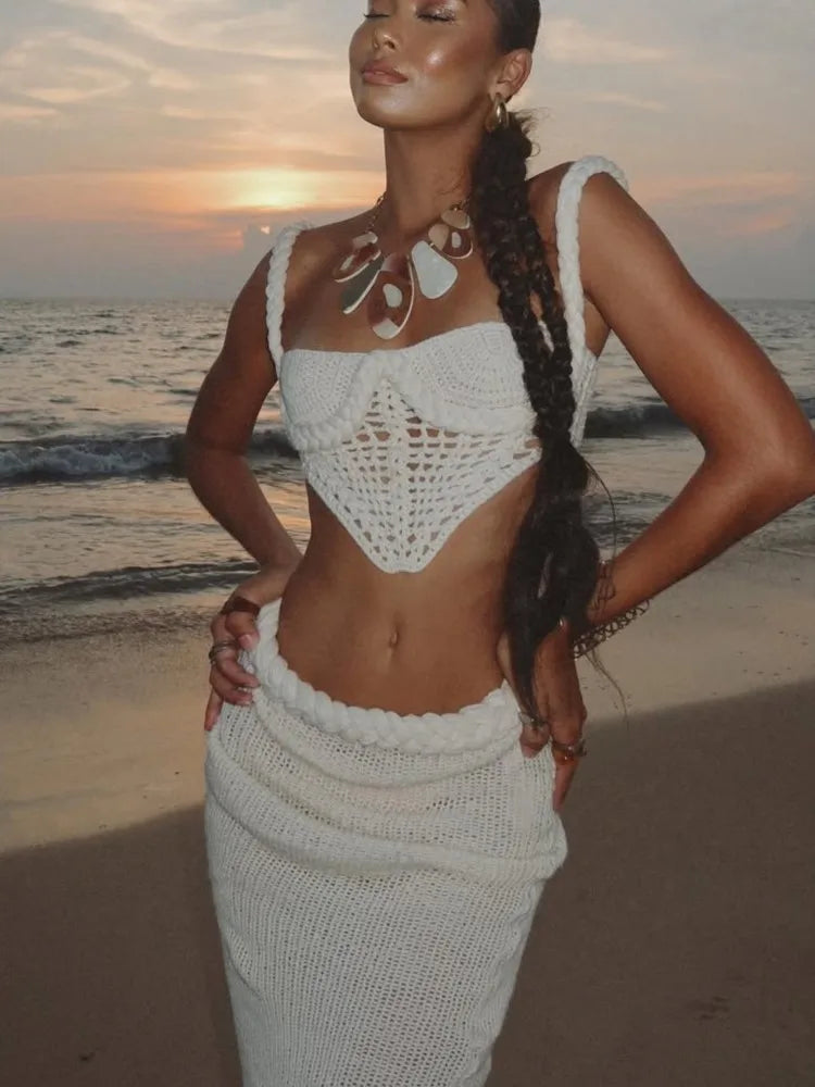 BKQU Crochet Knit Skirts Set Women Sexy Hollow Out Lace Up Crop Tops Hip Package Split Long Skirt Elegant 2 Pieces Beach Outfits