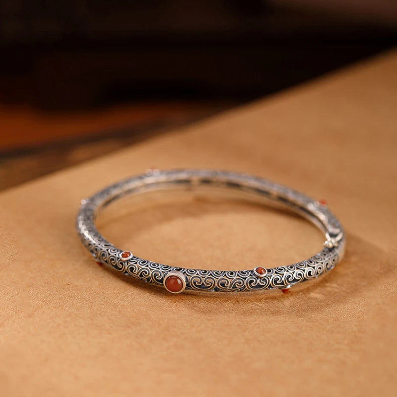 925 silver vintage ethnic style classic southern red tourmaline bracelet for women fine openwork bangles party jewelry