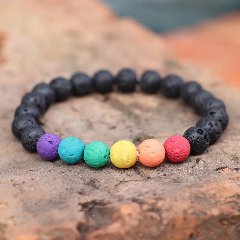 Colorful Lava Stone Bracelet Men Women 8mm Natural Onyx Tiger Eye Beaded Braclet Rainbow Friendship Brass Braslet