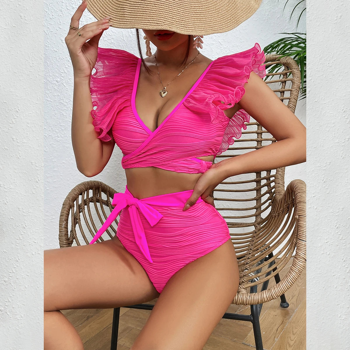 Ruffle Swimsuit 2024 New High Waist Bikini Solid Swimwear Women Sexy Bikinis Push Up Swim Wear Female Bathing Suit Beachwear