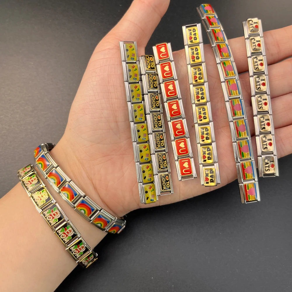 Rainbow Love Smile Italian Charm Bracelet Stainless Steel Elastic Hand Chain Link Making DIY Jewelry Gifts For Women Men Bangle