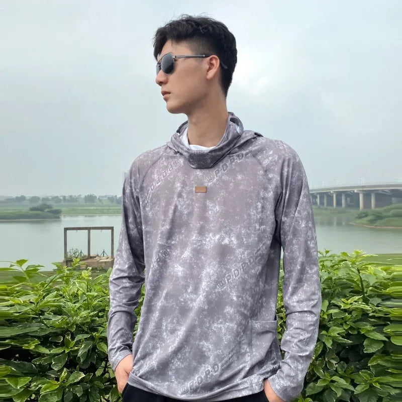 Sun Protection T-Shirts Men Fishing Hooded Outdoor Lightweight Mask Pullover Quick Drying Breathable Anti-UV Cool Sunscreen Tee