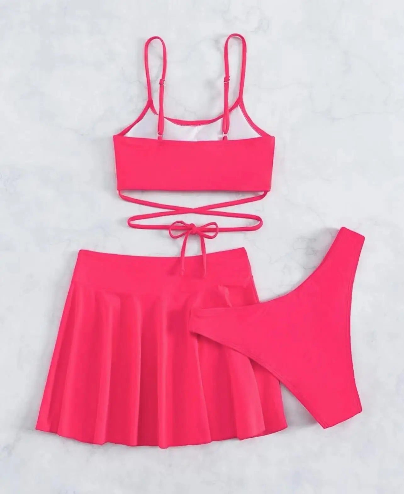 3 Pieces Crisscross Tie Back Bikini & Short Skirt Swimsuit 2024 Women Solid Swimwear Beach Wear Female Bathing Suit Swim Summer