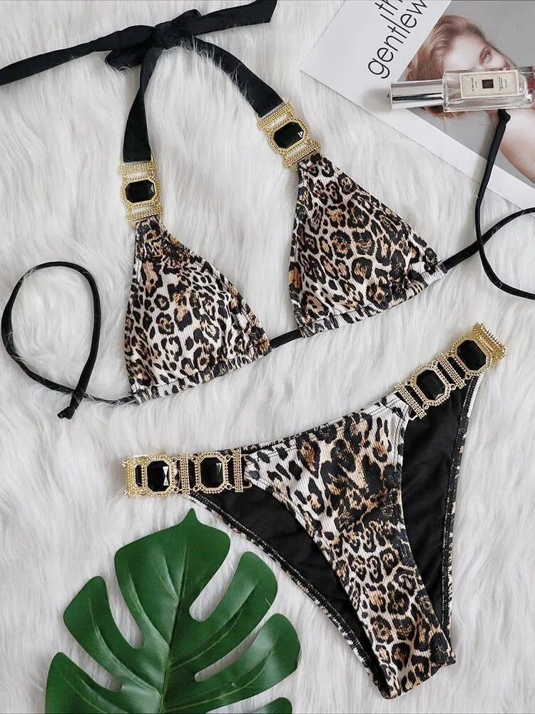Ribbed Leopard Bikinis Diamond Bikini 2025 Women Swimwear Female Swimsuit Two-pieces Bikini Set Halter Bathing Suit Swim Lady