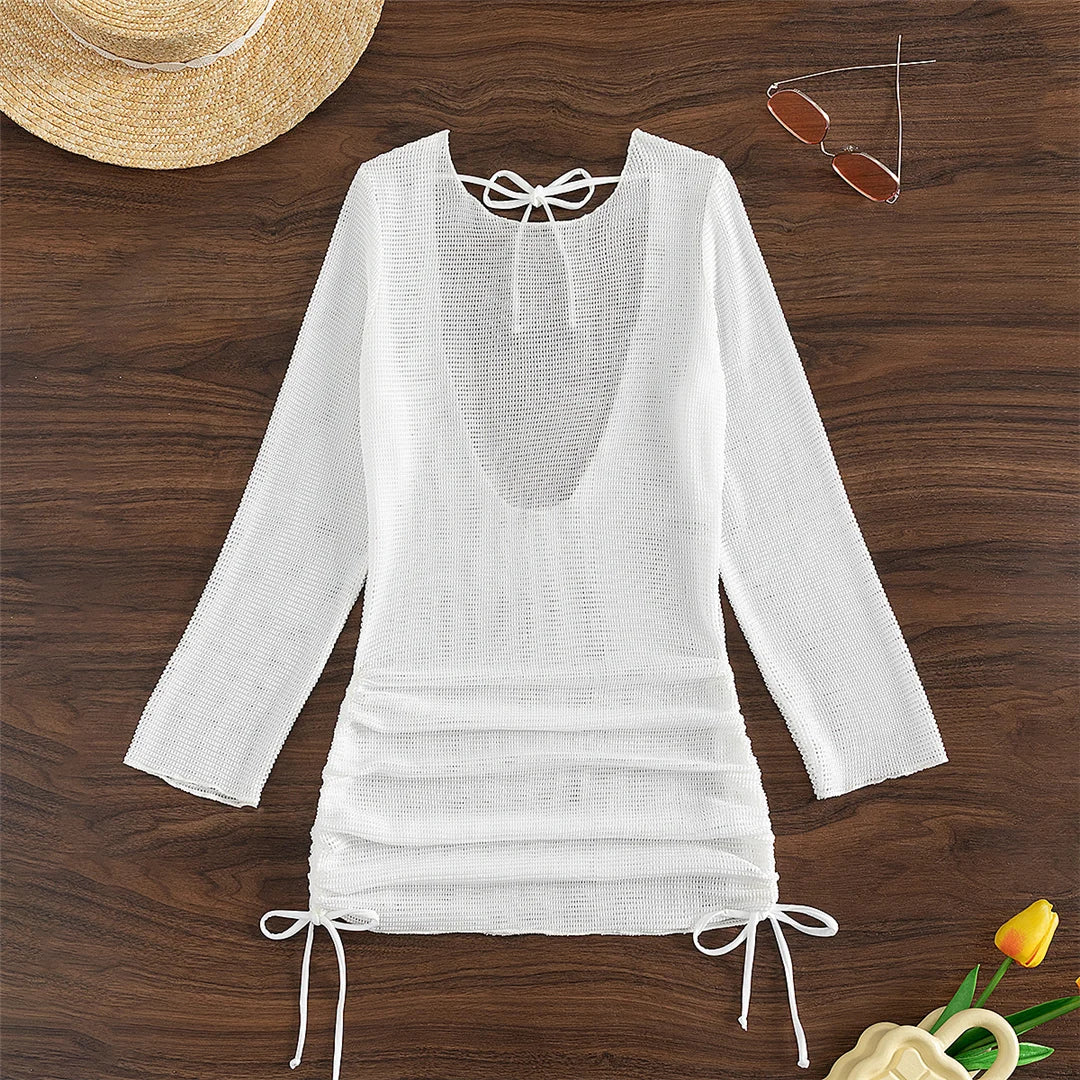 S - XL Long Sleeve Backless Crochet Knitted Tunic Beach Cover Up Cover-ups Beach Dress Beach Wear Beachwear Female Women V5038