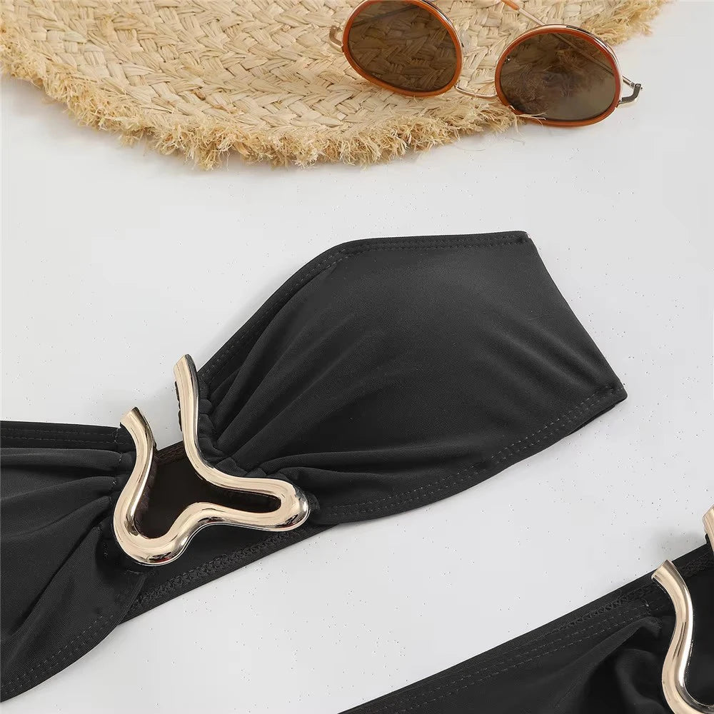 Metal Ring Sexy Swimsuit Cover Ups Bandeau Bikinis Sets 3 Pieces Solid Black Swimwear Women 2025 High Cut Bather Bikini Donna