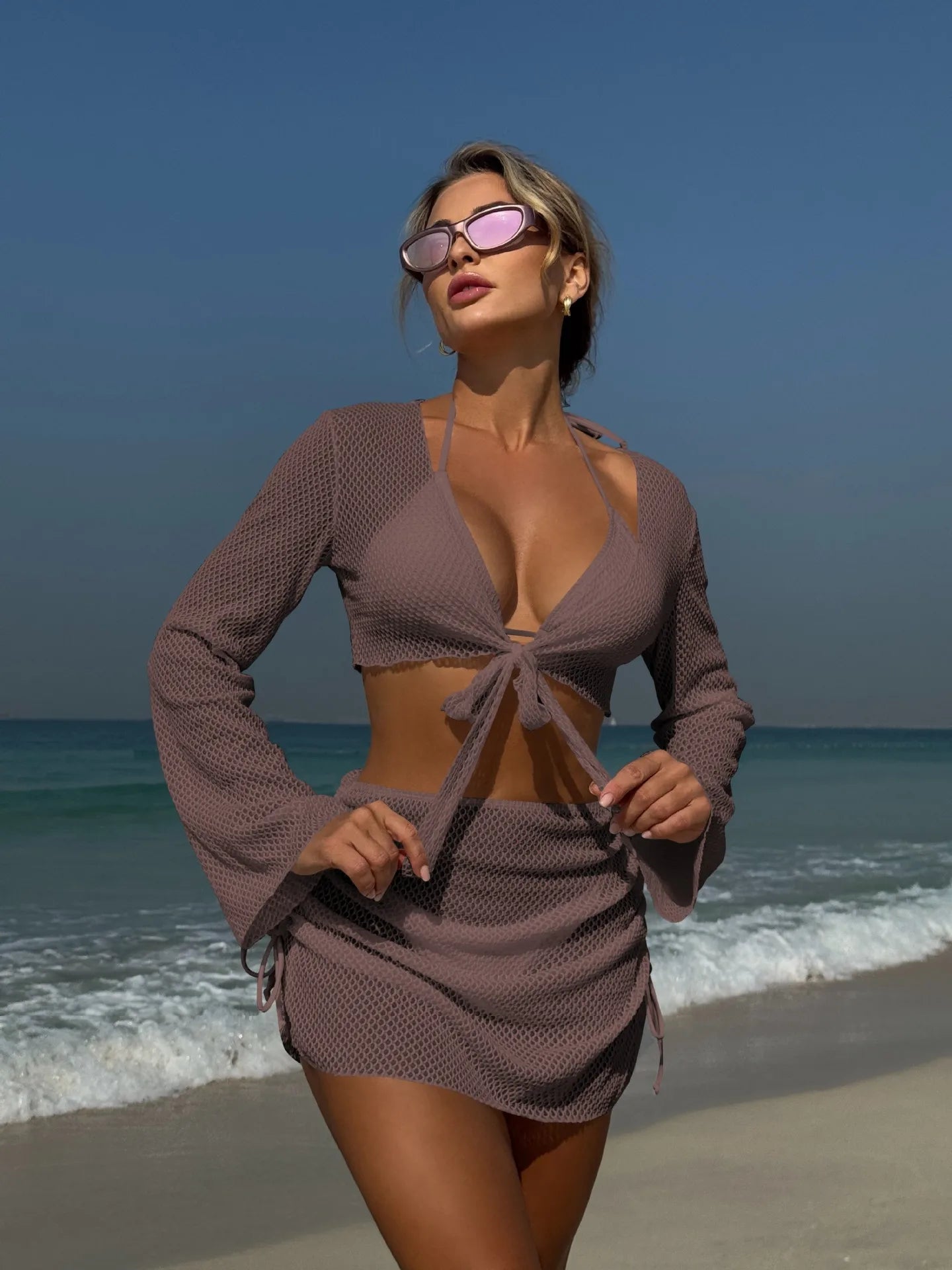 Summer Holiday 4 Piece Bikini Set 2025 Women Sexy White Long Sleeve Cover Up and Skirt Swimsuit Beach Bathing Suit Pool Swimwear