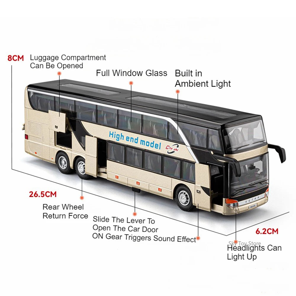 1:30 Business Single Alloy Diecast Double Decker Bus Model Toys Car Doors Opened Sound Light Pull Back Cars Child Christmas Gift