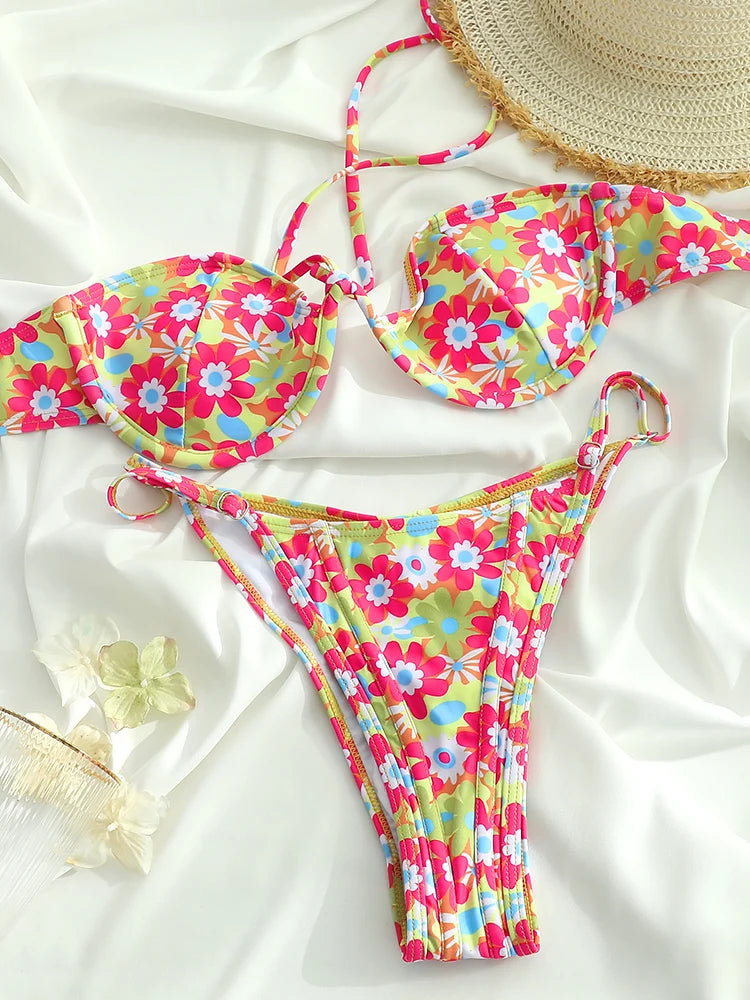 ZRTAK Push Up Bikinis Swimsuit Women Swimwear Print Bathing Suit Halter Beachwear Sexy Bikini Sets Thongs Solid Biquinis