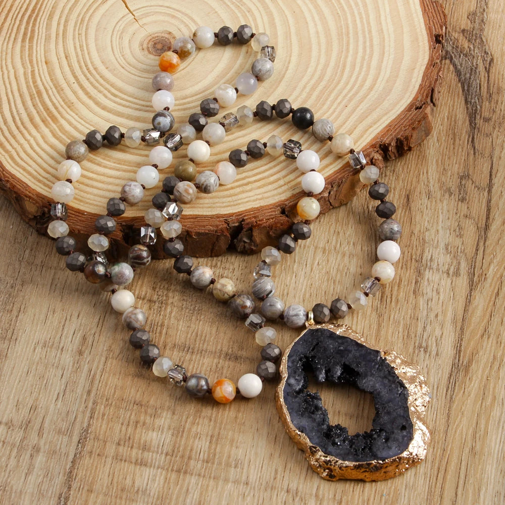 RH 2025 New Fashion Bohemian Style Natural Stone Glass Hematite Knotted Exaggerated Irregular Multicolor Druzy PendantNecklace