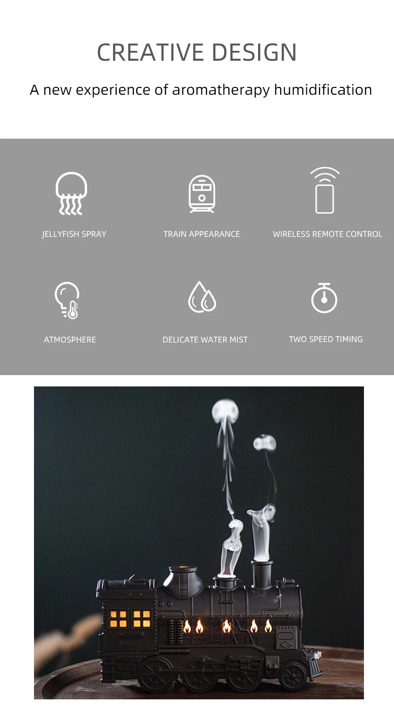 Retro Train Ultrasonic Air Humidifier with Remote Control Fine Mist Quite 300ML Essential Oil Diffuser for Home Christmas Gift