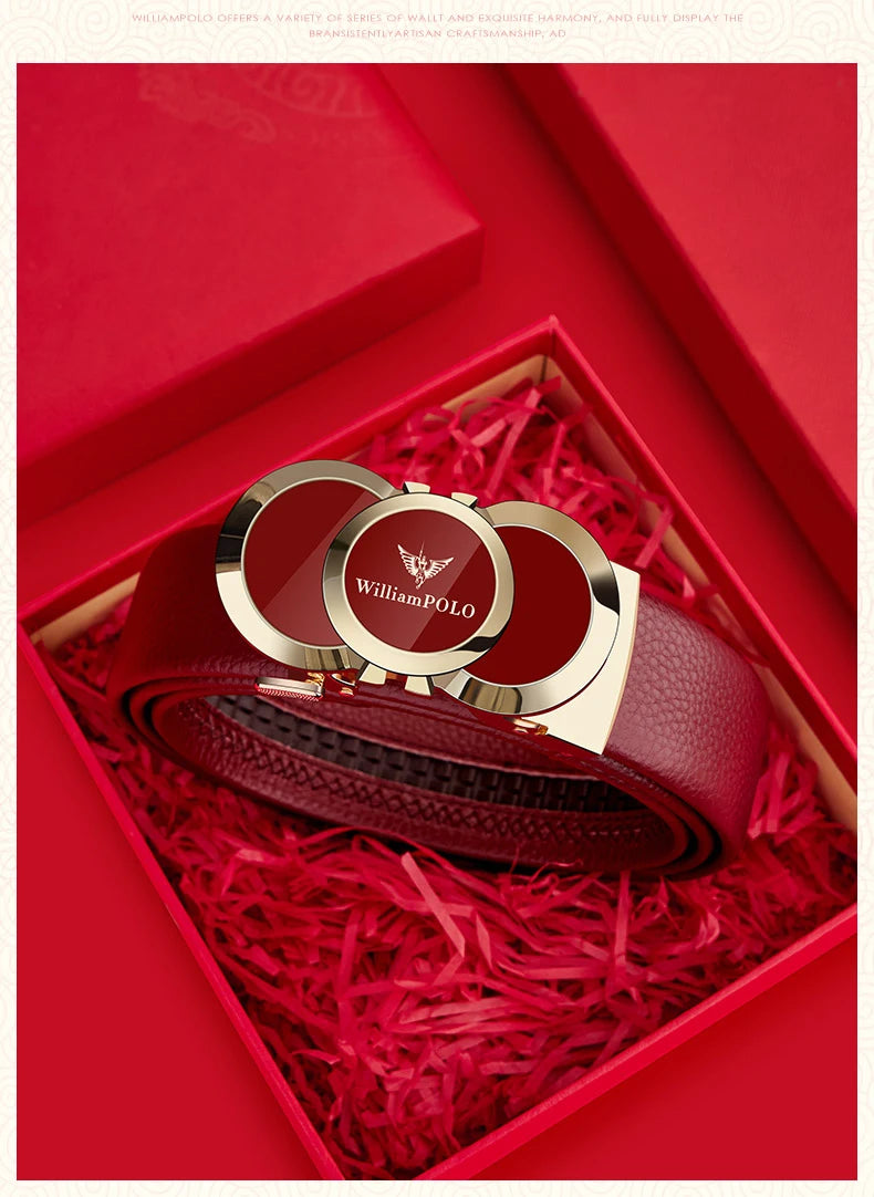 Genuine leather Chinese style men's belt, red belt, automatic buckle, personalized belt