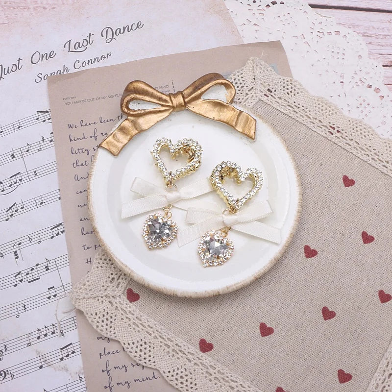 Jfashion Girl Lolita Hair Accessories Bow Loria Headdress Lace Bow Rhinestone Hair Clips Jirai Kei Vintage Doll-like Handmade