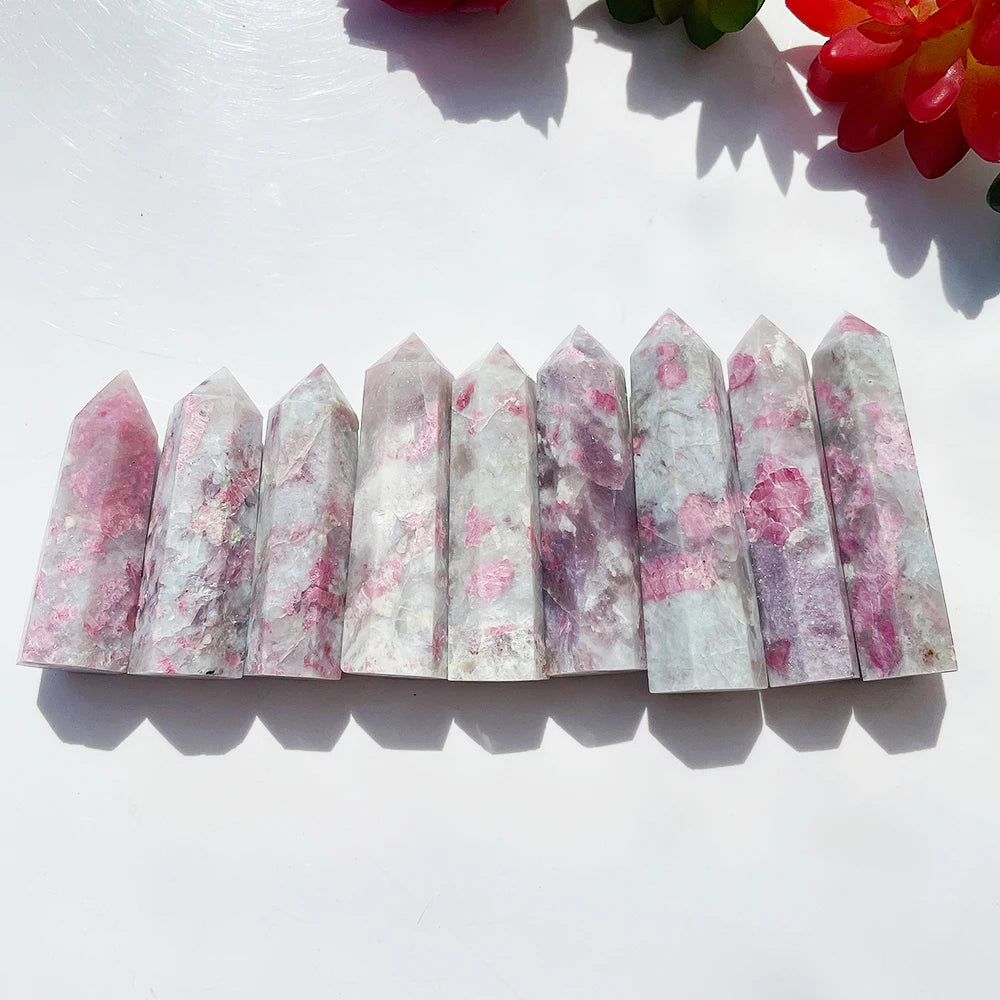 Beautiful Natural Quartz Tower Healing Plum Blossom Tourmaline Crystal Point Faceted Prism Wand Energy Ore Mineral Home Decor