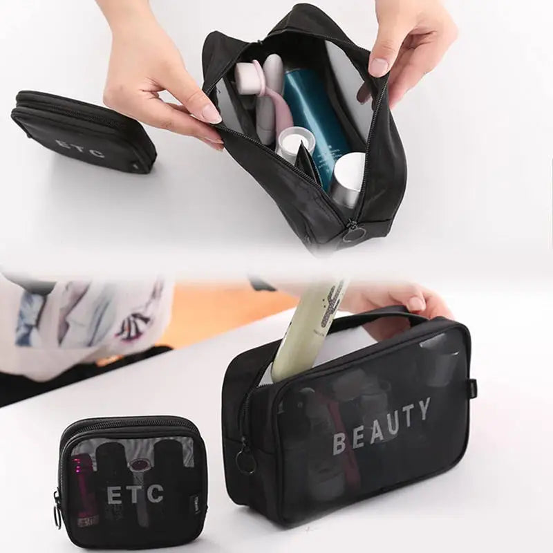 Transparent Mesh Makeup Bag Women Travel Toiletry Wash Cosmetic Bag Storage Case Letter Printed Zipper Make Up Bags 3 Size