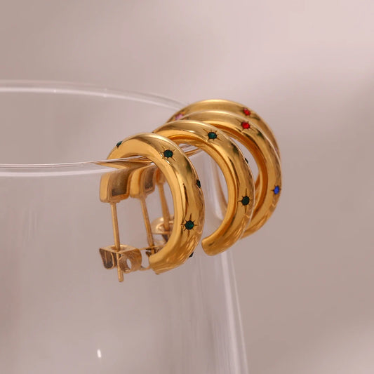 E B belle Official Store Stainless Steel Green Colorful 3A Zircon Stone Paved Hoop Earrings For Woman Golden Earring