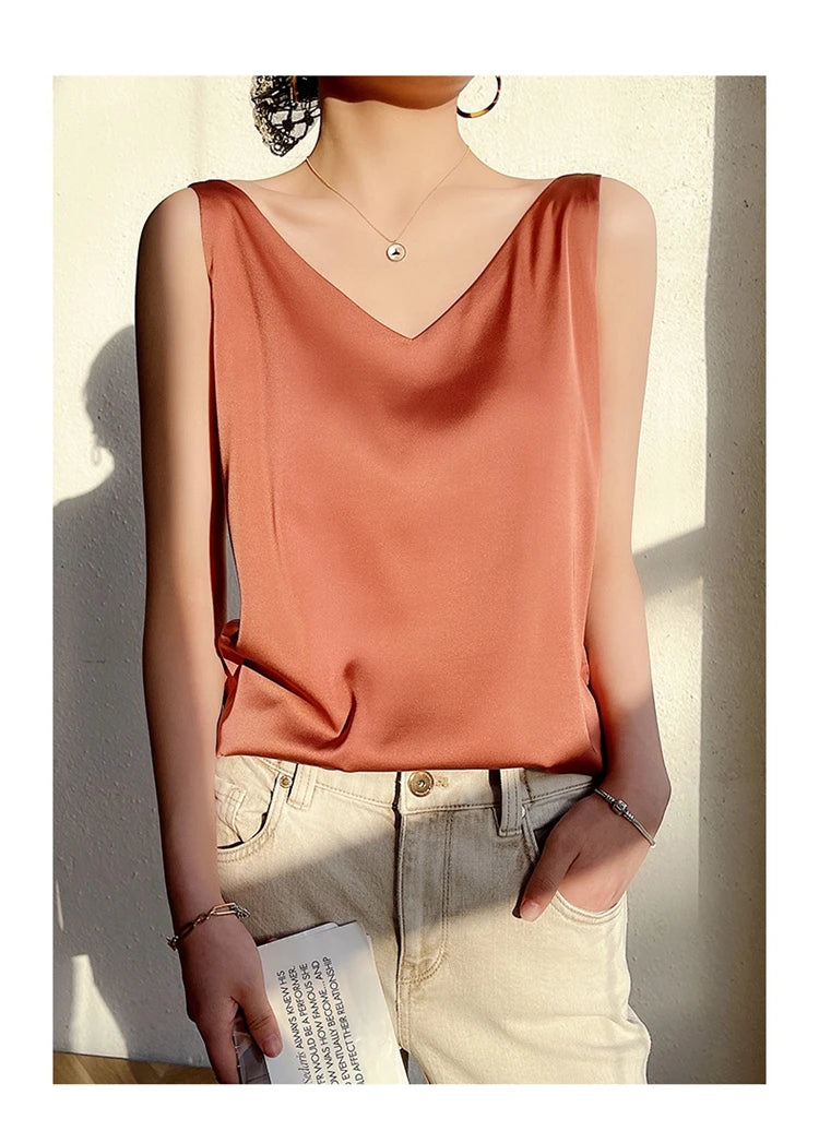 Women's New Four Seasons Inner Wear Silk Suspenders 2022 V-Neck Solid All-Match Satin Vest Soft Loose Thin Lady Sleeveless Tops