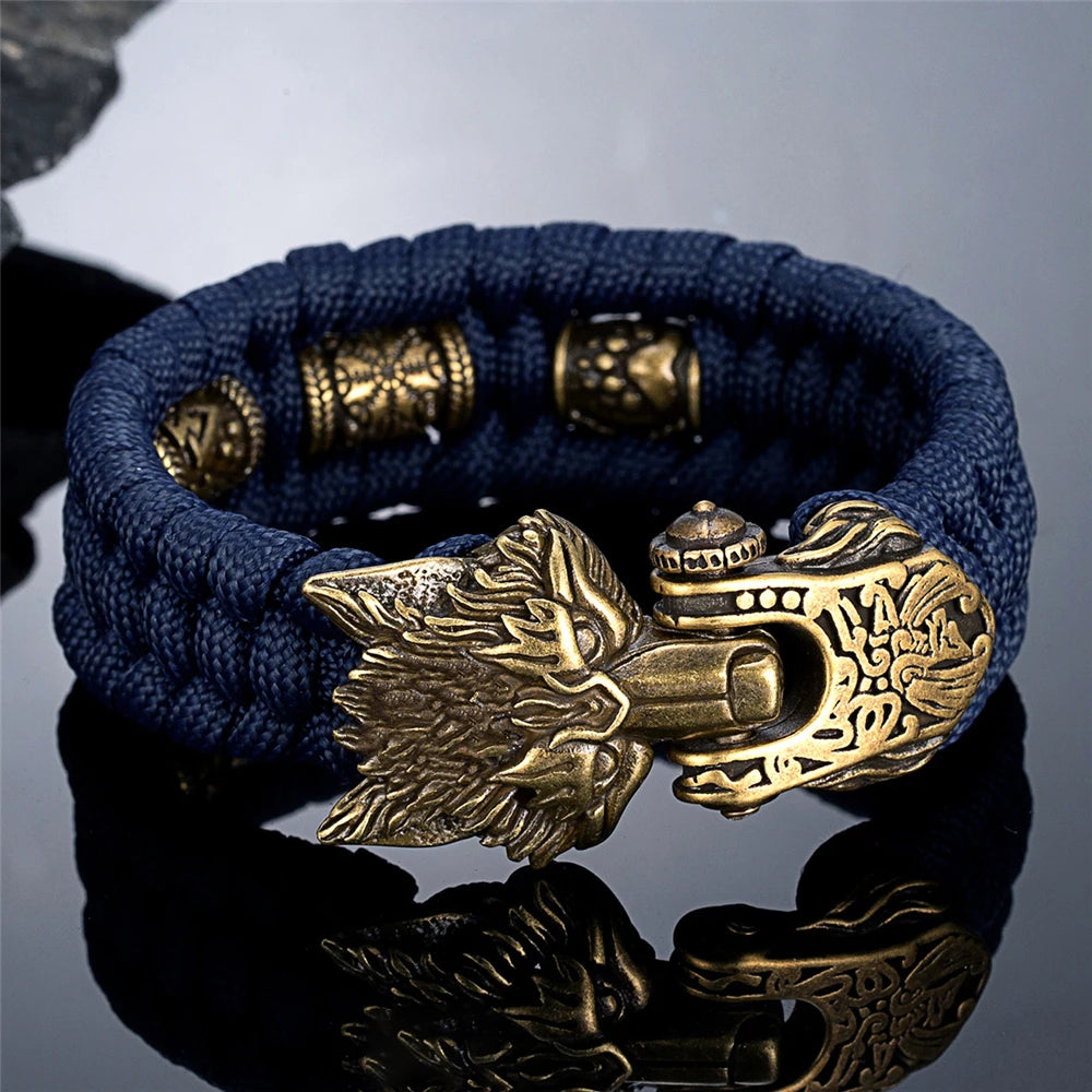 Viking Ancient Bronze Wolf Head Bracelet for Men Punk Stainless Steel Bangle Handmade Woven Rope Wristband Vintage Jewelry Gifts