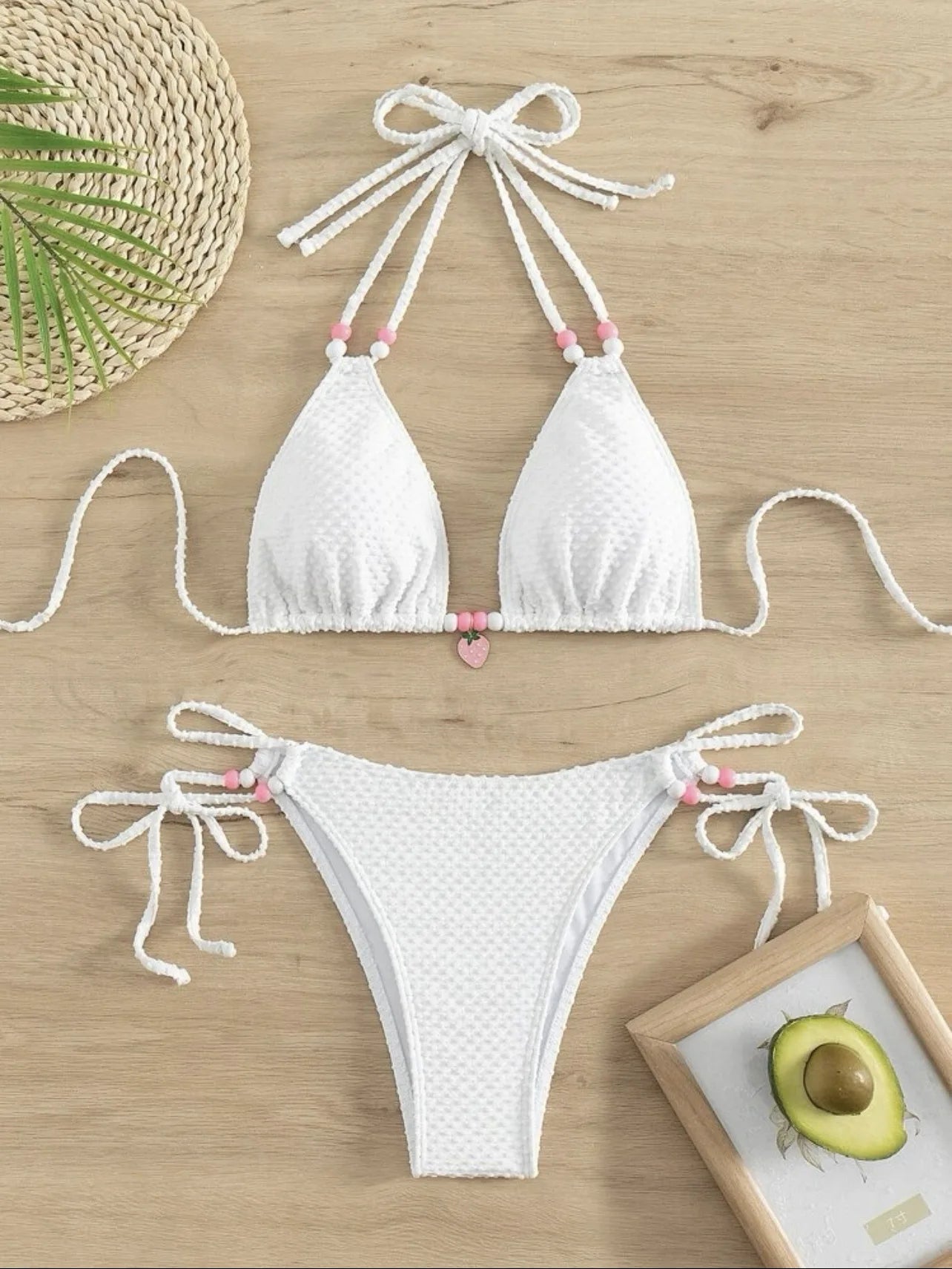 Sexy Pink Bikini 2024 Swimsuit Women White Pearl Strap Push Up Micro Swimwear Brazilian Bathing Suit Tie Side Thong Bikinis Sets