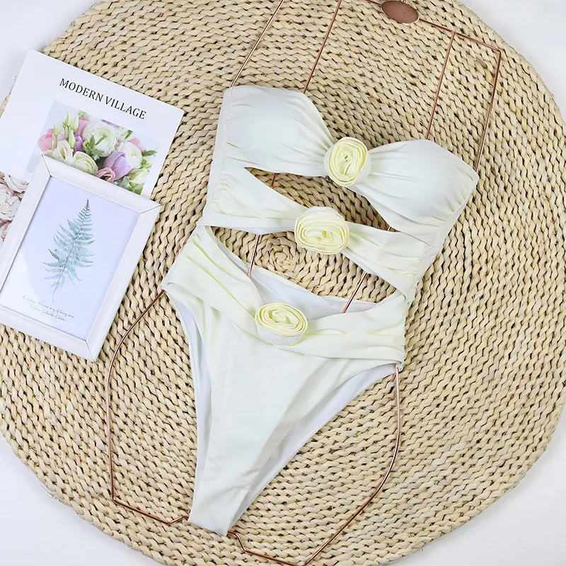 Sexy Solid Bikini 2025 Women Swimsuit Female Swimwear Bikinis Set Brazilian Beach Hollow Out 3D Flower Bathing Suit Biquini