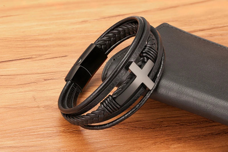Men's Cross Bracelets Luxury Design Stainless Steel Bangles Classic Leather Bracelet Men Accessories Wrist Band Male Gift