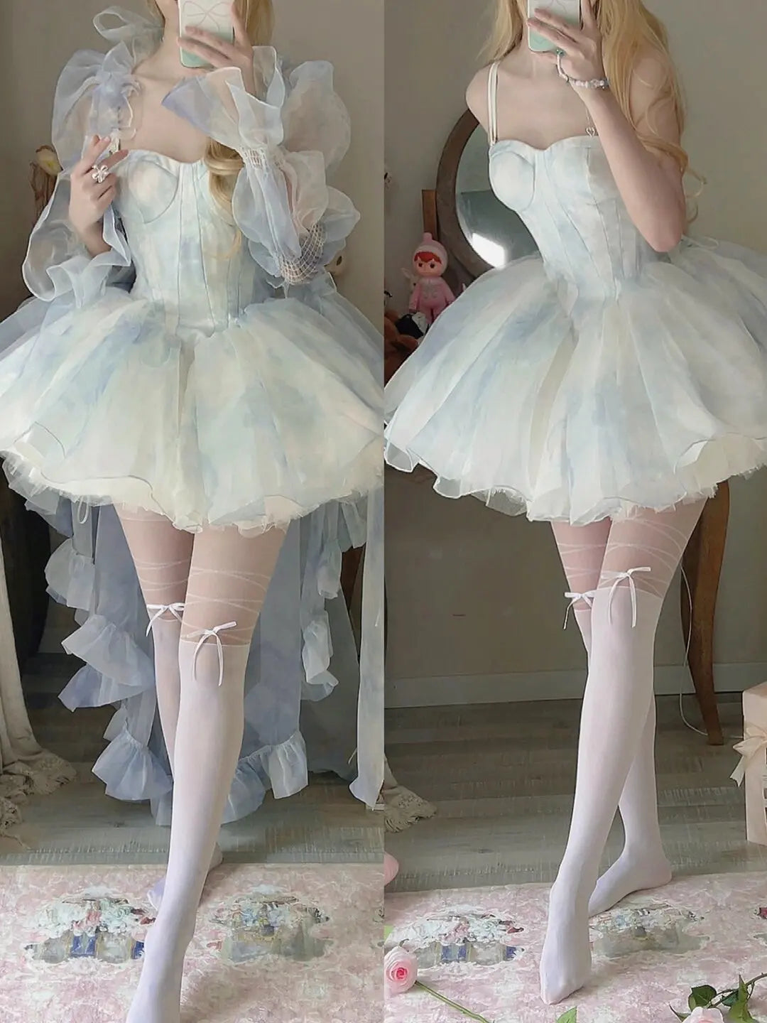 French Style Flower Wedding Dress Lolita Sweet Girl Women Fairy Tube Top Sling Dress with Long Cardigan Birthday Princess Dress