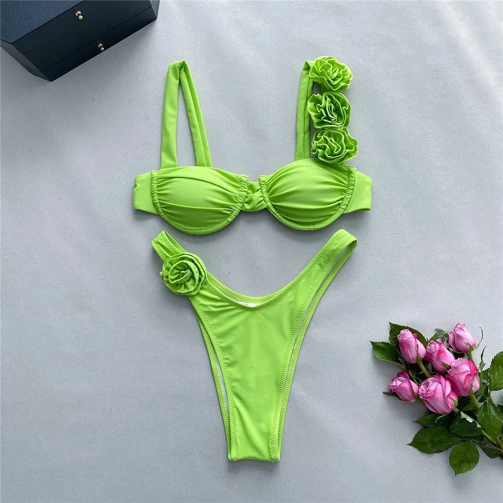 Sexy 3D Flower Rose Red Push Up Bikinis Sets Woman Swimsuit 2025 High Leg Cut Swimwear Underwire Bathing Suit Micro Bikini Mujer
