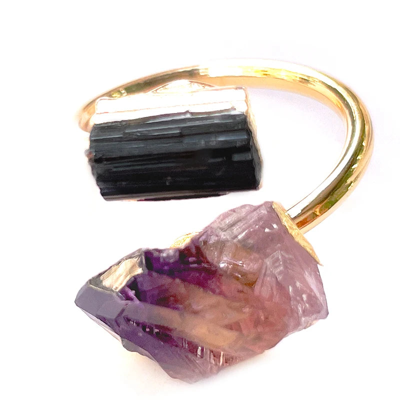 Irregular Rough Stone Open Ring for Women Gold-color Raw Amethyst Finger Jewelry with Black Tourmaline Resizable