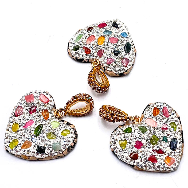 Micro Inlay Rainbow Tourmaline Heart Shape Pendant Jewelry for Women Girls Necklace Making with Clear Rhinestone