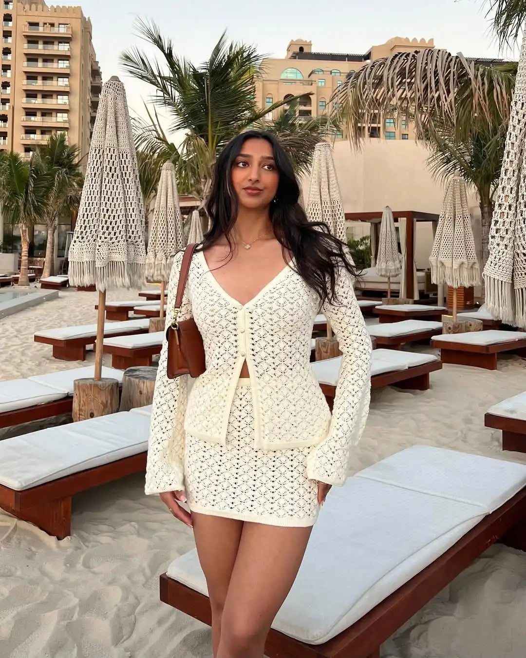 Tuularose Summer Knitted Blouse Suit Women's Sexy Cardigan Top Slim Short Skirt Bikini Suit Beach Vacation Dress Matching Sets