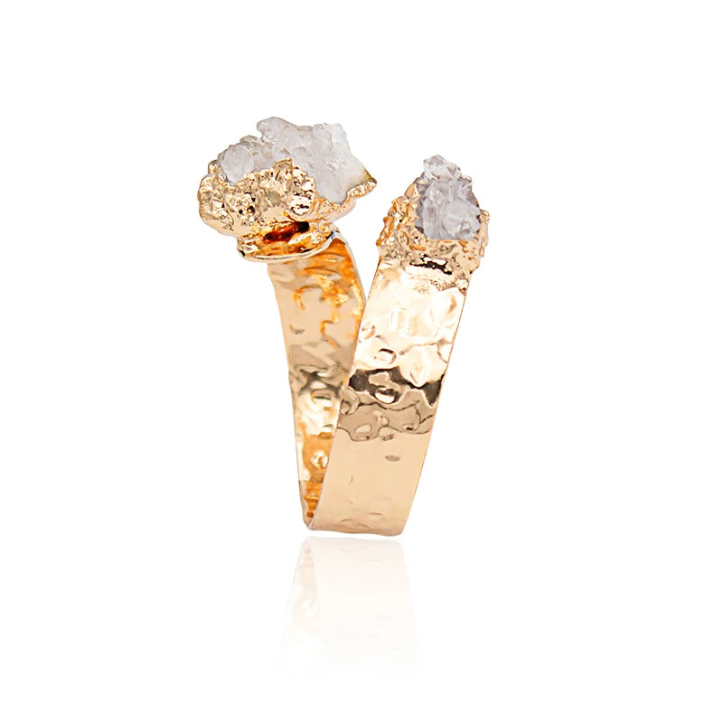 Irregular Raw Crystal Quartz Open Ring for Women Girls Gold-color Boho Natural Stone Finger Jewelry Resizable