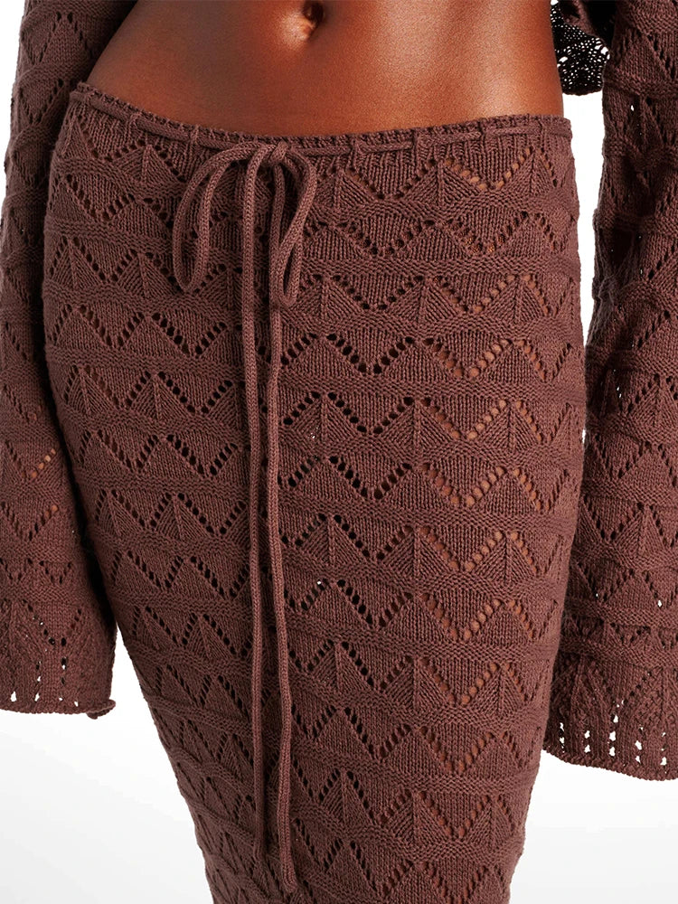 Sexy Knit One-neck Long Sleeve Short Top Drawstring Half Skirt Beach Two-piece 2025 Women Summer Swimsuit Cover Up Chic Set K172