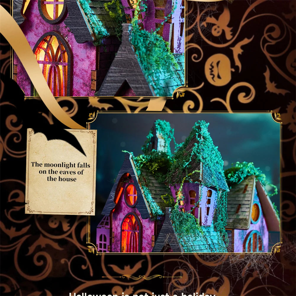 Retro DIY Wooden Halloween Night House Figurines Miniatures Kits With LED Lights Home Desk Decoration For Adult Handmade Gifts