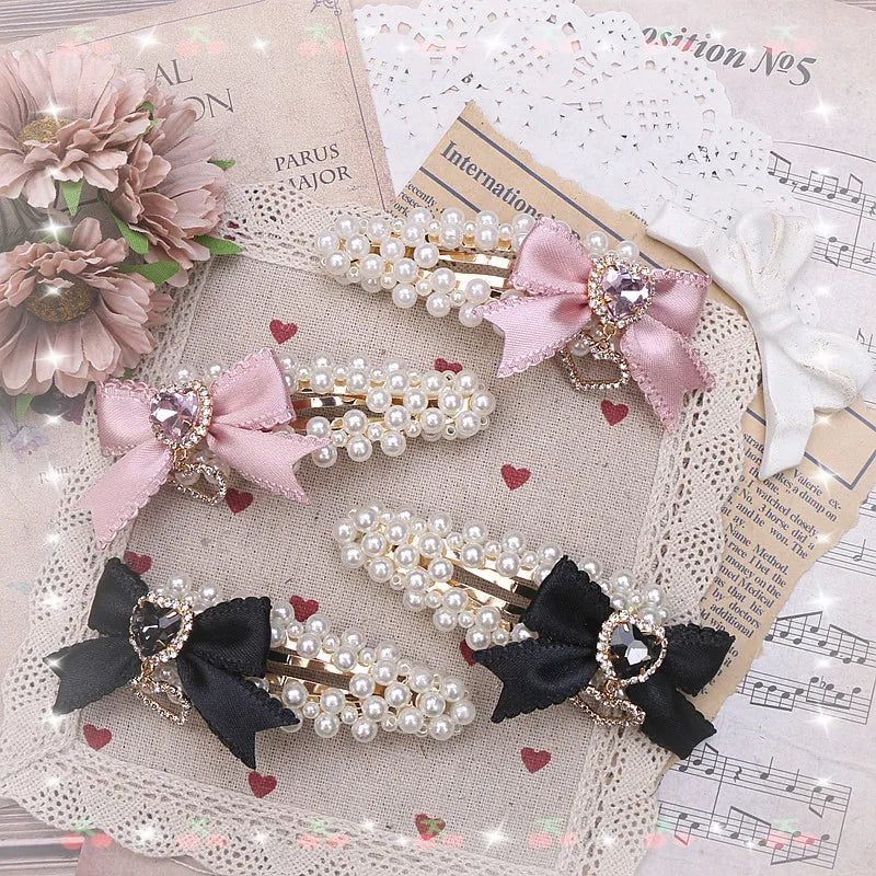 Cute Sweet Japanese Lolita Barrettes Hairpin Mine Pearl Bow Rhinestone Love Heart A Pair Of Hairclips Side Clip Hair Accessories