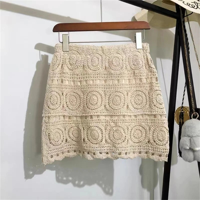 Women Hollow Out Crochet Knit Mini Skirt Lady Summer Boho Geometric Pattern High Waisted Beach Vacation A-Line Skirt with Lining