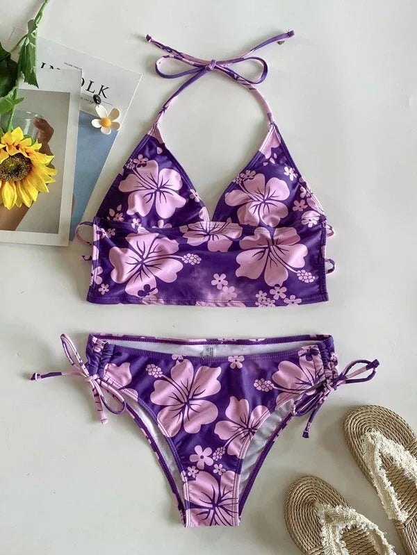 Sexy Yellow Floral Print Bikinis Set Women Halter Push Up Crop Top Swimsuit 2025 Beach Bathing Suit Lace Up High Waist Swimwear