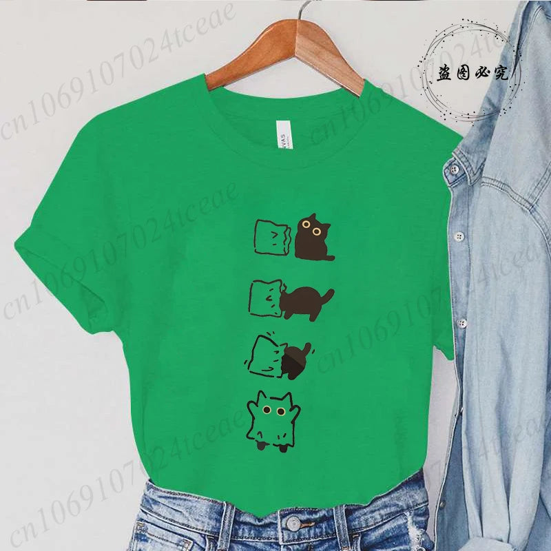 Boo Black Cat Print Women T-shirt Fashion Summer Tee Clothing Short Sleeve Harajuku Streetwear Casual Shirt Halloween Tee Tops