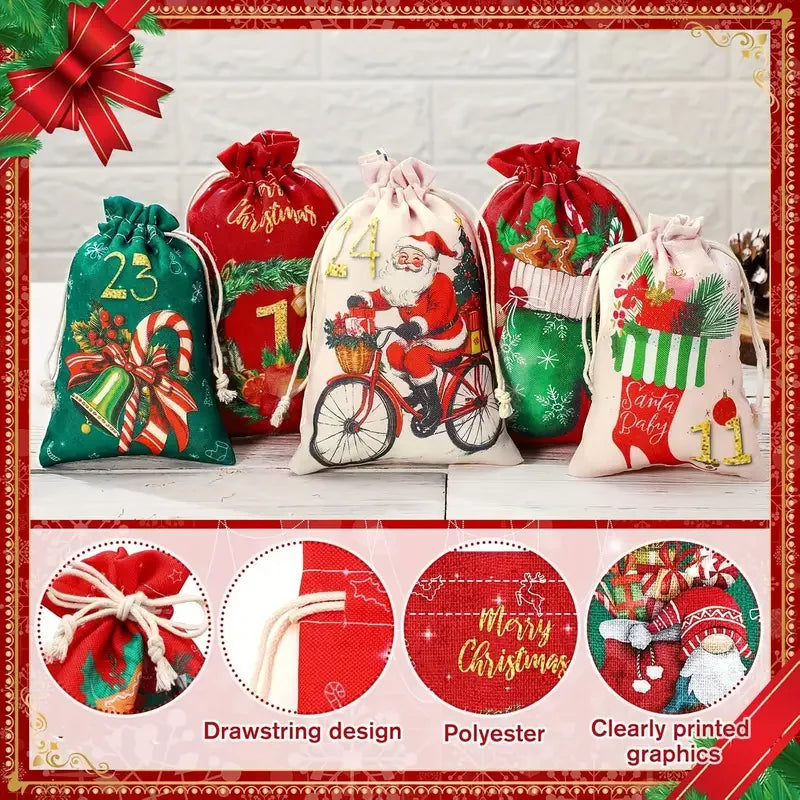 24Pcs Christmas Advent Calendar Number Bags Christmas Gift Burlap Drawstring Bags DIY Countdown Advent Calendar Set with Rope