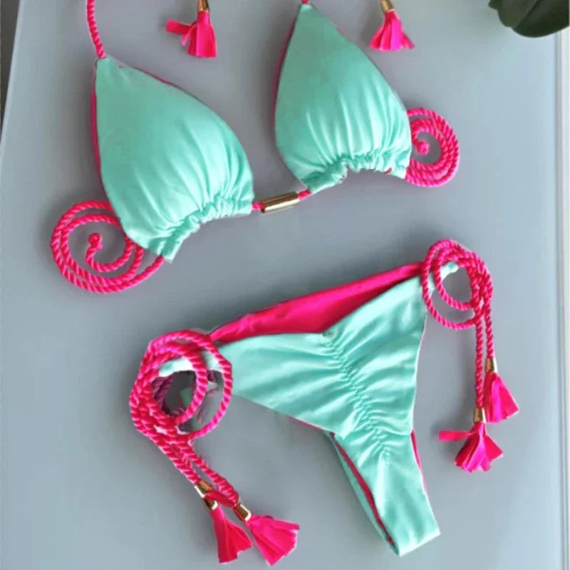 Swimsuit Women Bikinis Set Sexy Drawstring Bikini Beachwear Leopard Two-pieces Swimwear Bathing Suit Lace Up Bikini Set Biquinis