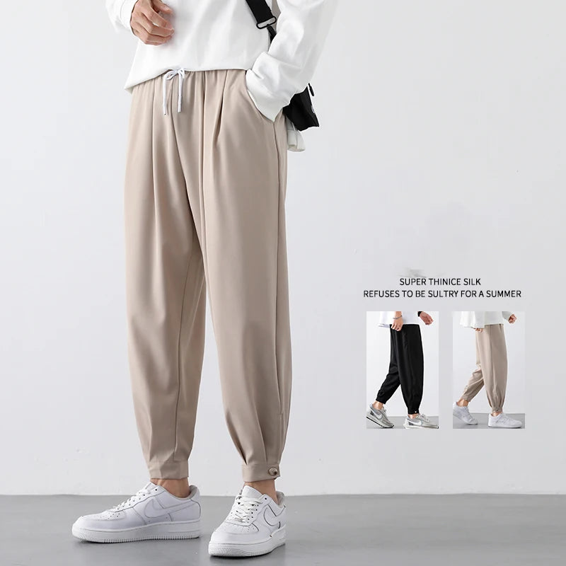 M-5XL Summer New Men's Pants Solid Color Legged Pants Casual Shorts Thin Ice Silk Cool Dry Nine Cent Pants