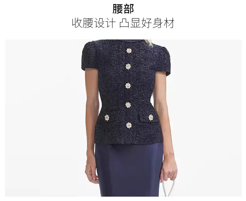 Maxi Formal Luxury Evening Dresses Women Summer Autumn Single Breasted Crystal Satin Tweed Long Dress Blue Party Dinner Vestidos