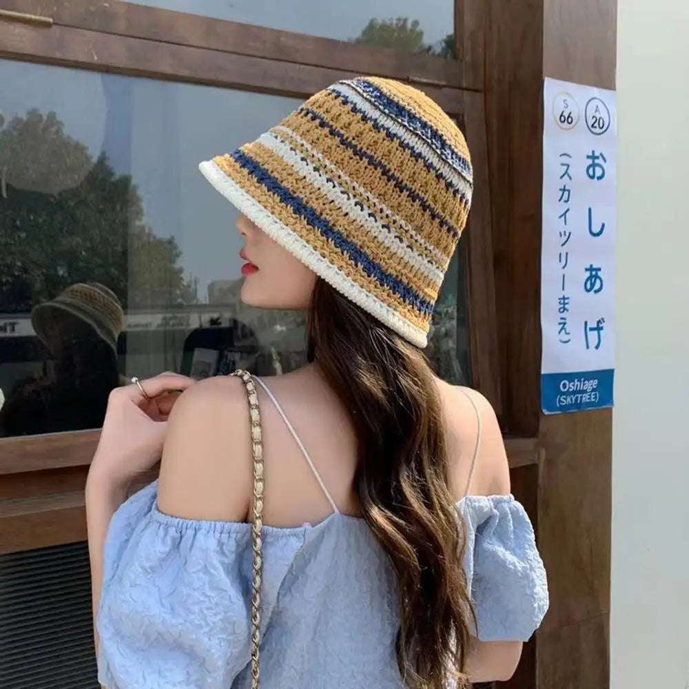 Summer Hollow Knitted Hollow Fisherman Caps Sun Protection Straw Bucket Hat Breathable Crochet Beach Cap Wide Brim Sun Hat