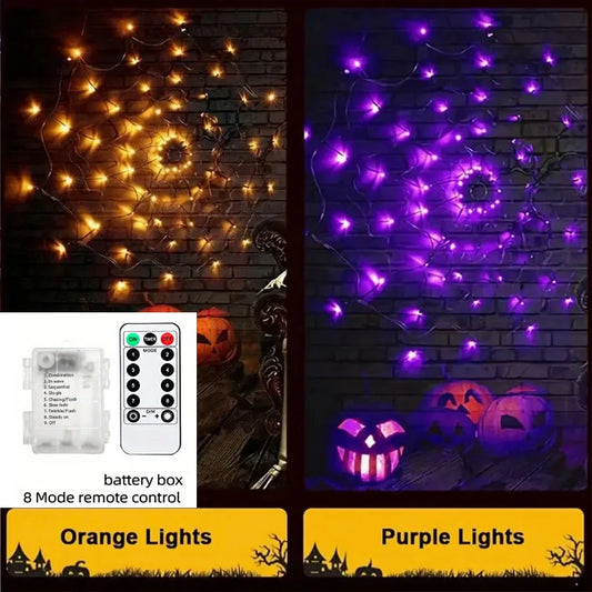 Halloween Window Decorations Purple Spider Web String Lights with 70 LEDs Battery Powered Remote Control 8 Modes for Party Decor