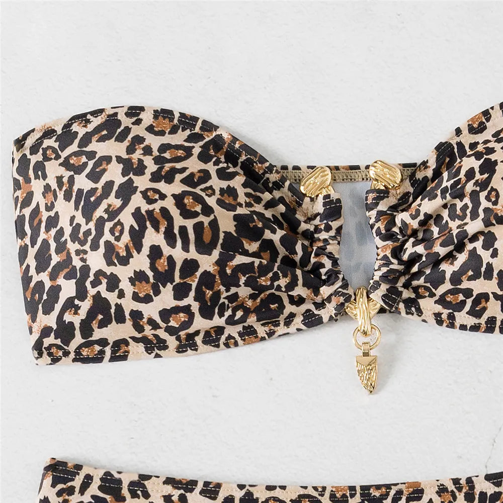 Leopard Print Swimwear Bandeau Bikinis Sets Sexy Swimsuit Women Metal Ring Wrinkled Bathing Suit Brazilian Bikini 2025 Mujer