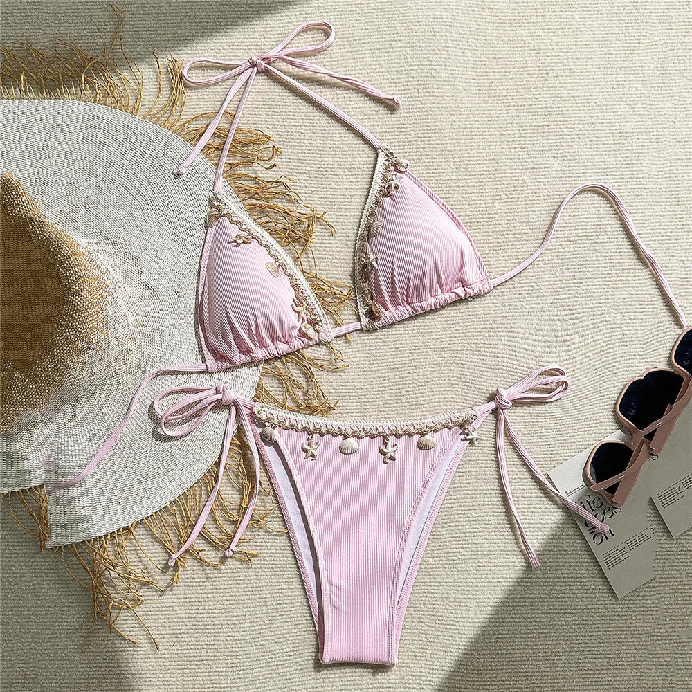 Shell Decoration Swimwear String Halter Bikinis Sets Micro Thong Sexy Swimsuit Women 2025 Bathing Suit Purple Triangle Bikini