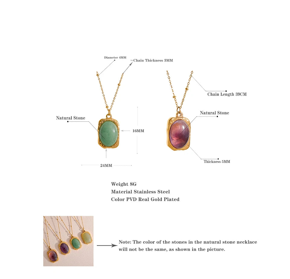 Yhpup Natural Stone Square Pendant Stainless Steel Necklace Amethyst Green Aventurine Charm Fashion Collar Jewelry  Women