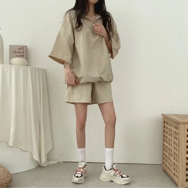 Korean Style Women's Summer Casual Sports Sun Protection Suit Two-Piece Set Workwear Jacket Shorts Polyester Fiber